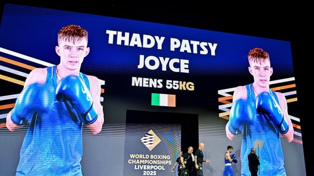 Patsy Joyce of Ireland makes his way to the ring before his Men's 55kg semi-final bout against Rafael Lozano Serrano of Spain during the World Boxing Championships 2025 at M&S Bank Arena in Liverpool, England.
