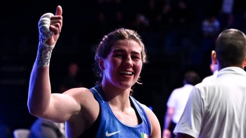 Aoife O'Rourke celebrates after winning the Women's 75kg semi-final