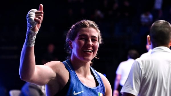 Aoife O'Rourke of Ireland celebrates after winning the Women's 75kg semi-final bout during the World Boxing Championships 2025 at M&S Bank Arena in Liverpool, England.