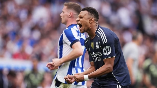 Kylian Mbappe of Real Madrid celebrates following his side's second goal scored by Arda Gueler (not pictured) during the LaLiga EA Sports match between Real Sociedad and Real Madrid CF at Reale Arena on September 13, 2025 in San Sebastian, Spain.