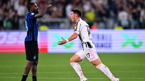 Vasilije Adzic of Juventus celebrates after scores his team fourth goal during the Serie A match between Juventus FC and FC Internazionale on September 13, 2025 in Turin, Italy.