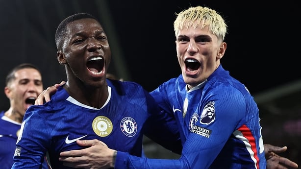 Chelsea's Ecuadorian midfielder #25 Moises Caicedo (L) celebrates scoring their second goal to take the lead 1-2 with Chelsea's Argentinian midfielder #49 Alejandro Garnacho (R) during the English Premier League football match between Brentford and Chelsea at the Gtech Community Stadium in London on