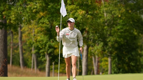 Charley Hull of England reacts after making birdie on the 18th green during the third round of the Kroger Queen City Championship presented by P&G 2025 at TPC River's Bend on September 13, 2025 in Cincinnati, Ohio.