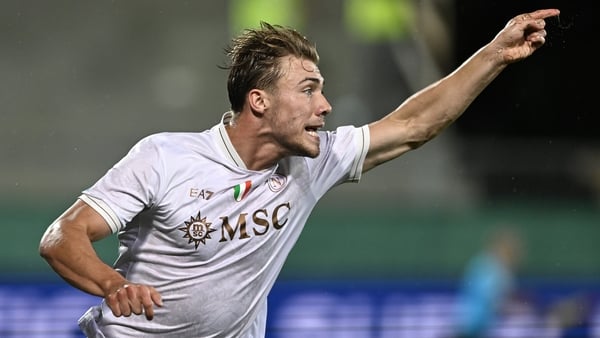 Rasmus Hojlund of Napoli celebrates his goal during the Serie A match between ACF Fiorentina and SSC Napoli at Artemio Franchi on September 13, 2025 in Florence, Italy.