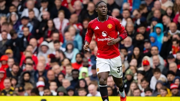 Kobbie Mainoo of Manchester United in action during the Premier League match between Manchester United and Burnley at Old Trafford on August 30, 2025 in Manchester, England.