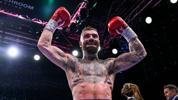 Lewis Crocker celebrates defeating Paddy Donovan in their IBF World Welterweight title bout at Clearer Twist National Football Stadium at Windsor Park in Belfast.