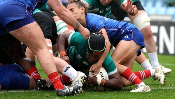 14 September 2025; Linda Djougang of Ireland scores her side's first try during the Women's Rugby World Cup 2025 quarter-final match between France and Ireland at Sandy Park in Exeter, England. Photo by Harry Murphy/Sportsfile