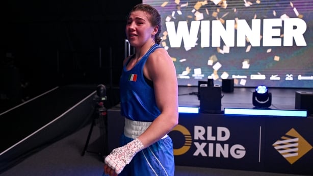 14 September 2025; Aoife O'Rourke of Ireland reacts after winning their Women's 75kg final bout against Busra Isildar of Türkiye during the World Boxing Championships 2025 at M&S Bank Arena in Liverpool, England. Photo by Ben McShane/Sportsfile