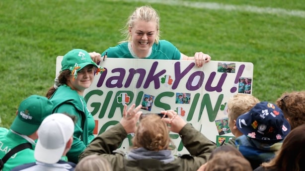 14 September 2025; Sam Monaghan of Ireland with supporters after the Women's Rugby World Cup 2025 quarter-final match between France and Ireland at Sandy Park in Exeter, England. Photo by Harry Murphy/Sportsfile