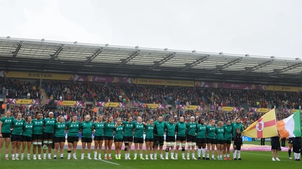 14 September 2025; Ireland players before the Women's Rugby World Cup 2025 quarter-final match between France and Ireland at Sandy Park in Exeter, England. Photo by Harry Murphy/Sportsfile