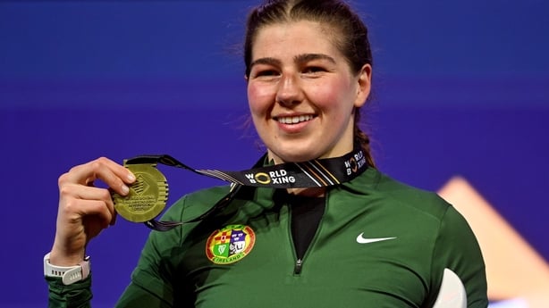 14 September 2025; Aoife O'Rourke of Ireland celebrates with her gold medal from the Women's 75kg during the World Boxing Championships 2025 at M&S Bank Arena in Liverpool, England. Photo by Ben McShane/Sportsfile