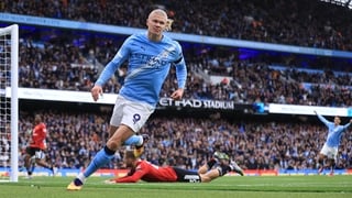 MANCHESTER, ENGLAND - SEPTEMBER 14: Erling Haaland of Manchester City after scoring the second goal for his team during the Premier League match between Manchester City and Manchester United at Etihad Stadium on September 14, 2025 in Manchester, England.