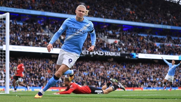 MANCHESTER, ENGLAND - SEPTEMBER 14: Erling Haaland of Manchester City after scoring the second goal for his team during the Premier League match between Manchester City and Manchester United at Etihad Stadium on September 14, 2025 in Manchester, England.