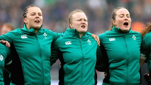 14 September 2025; Ireland players, from left, Brittany Hogan, Aoife Wafer and Fiona Tuite before the Women's Rugby World Cup 2025 quarter-final match between France and Ireland at Sandy Park in Exeter, England. Photo by Harry Murphy/Sportsfile