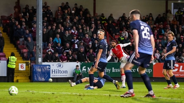 Jake Mulraney of St Patrick's Athletic scores his side's first goal during the Sports Direct Men’s FAI Cup quarter-final match between St Patrick’s Athletic and Galway United at Richmond Park in Dublin.