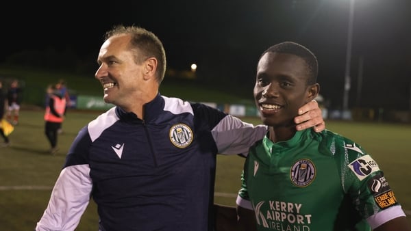 Kerry FC manager Colin Healy celebrates with Carl Mujaguzi during the Sports Direct Men’s FAI Cup quarter-final match between Kerry FC and Sligo Rovers at Mounthawk Park in Tralee, Kerry.