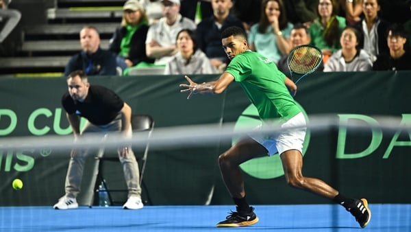 14 September 2025; Michael Agwi of Ireland in action against Fajing Sun of China PR during their singles match on day two of the Davis Cup World Group II match between Ireland and China PR at the Sport Ireland National Indoor Arena in Dublin. Photo by Pia