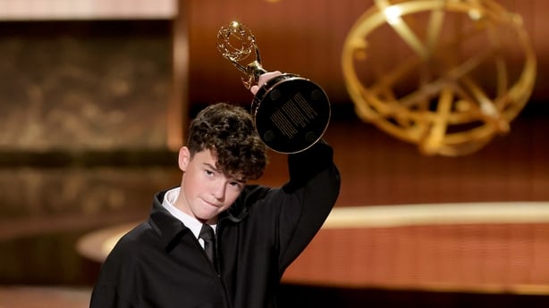  Owen Cooper accepts the Outstanding Supporting Actor in a Limited or Anthology Series or Movie award for "Adolescence" 