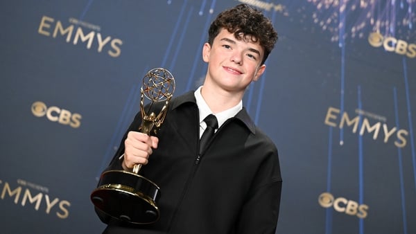 Owen Cooper poses with the Outstanding Supporting Actor in a Limited or Anthology Series award for "Adolescence" at the 77th Primetime Emmy Awards
