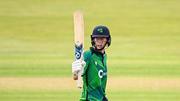 10 August 2025; Ireland batter Orla Prendergast acknowledges the crowd after scoring 50 runs during match three of the Women's T20 International Series between Ireland and Pakistan at Castle Avenue Cricket Ground in Dublin. Photo by Seb Daly/Sportsfile