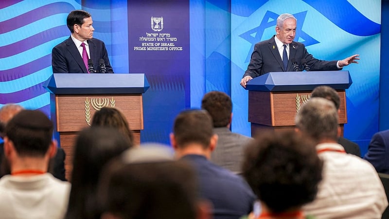 US Secretary of State Marco Rubio (L) and Israel's Prime Minister Benjamin Netanyahu (R) give a joint press conference at the prime minister's office in Jerusalem