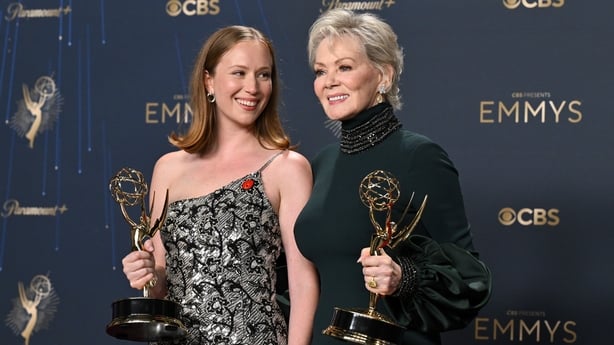 Hannah Einbinder, Jean Smart for "Hacks", pose with the Supporting Actress in a Comedy Series and Lead Actress in a Comedy Series awards, respectively at the 77th Primetime Emmy Awards held at the Peacock Theater on September 14, 2025 in Los Angeles, California. (Photo by Gilbert Flores/Variety via