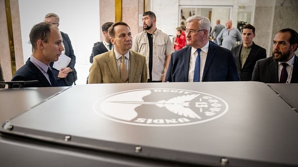 Minister of Foreign Affairs of Ukraine, shows drones to Radosław Sikorski (C-L), Minister of Foreign Affairs of Poland