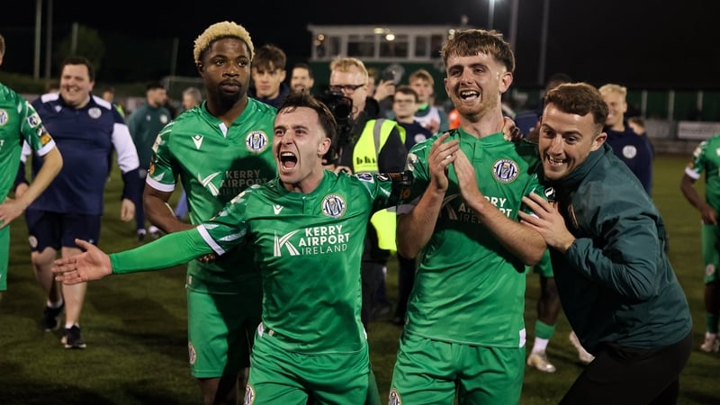 Kerry FC players, from left, Okwuy Okwute, Sean McGrath, and Cian Brosnan celebrate after Friday's epic extra time comeback