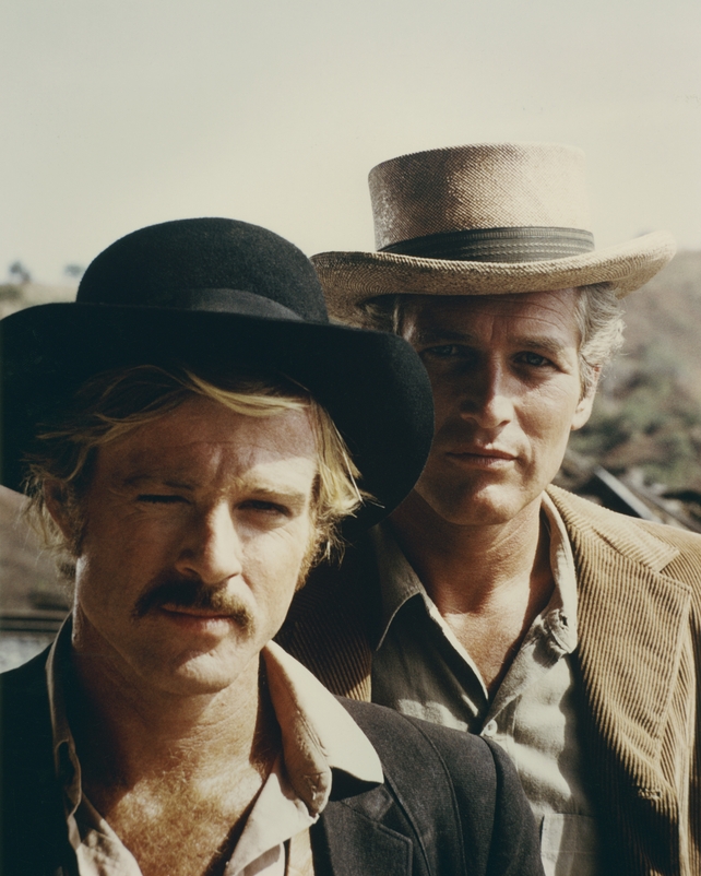 Robert Redford (left) and Paul Newman in a publicity still for the western film Butch Cassidy and the Sundance Kid, 1969