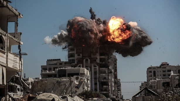 GAZA CITY, GAZA - SEPTEMBER 14: Smoke rises following Israeli airstrikes that hit and destroyed multiple buildings and high-rise towers in Gaza City, Gaza on September 14, 2025. (Photo by Abdalhkem Abu Riash/Anadolu via Getty Images)