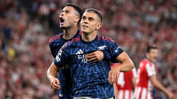 Leandro Trossard of Arsenal celebrates scoring his team's second goal with Gabriel Martinelli during the UEFA Champions League 2025/26 League Phase MD1 match between Athletic Club and Arsenal FC at Estadio de San Mames on September 16, 2025 in Bilbao, Spa