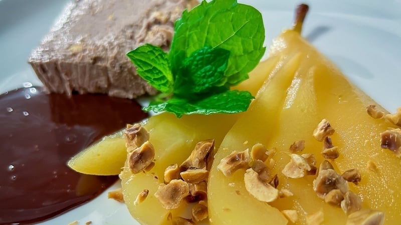 Neven's vanilla & hazelnut no-churn ice cream with poached pears and chocolate sauce