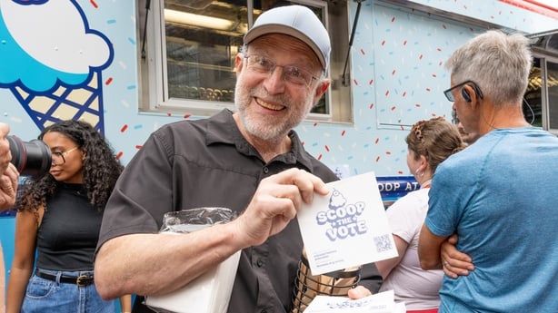 Jerry Greenfield, co-founder of Ben & Jerry's handing out free ice cream at Franklin Square in Philadelphia during the Scoop The Vote tour
