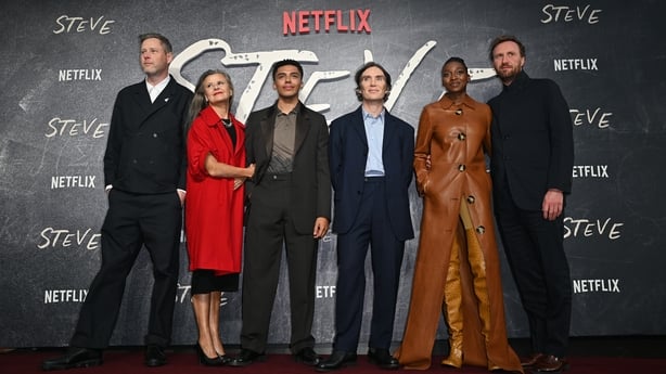 (L-R) Max Porter, Tracey Ullman, Jay Lycurgo, Cillian Murphy, Little Simz aka Simbi Ajikawo and Tim Mielants attend the UK Premiere for "Steve" at The Curzon Mayfair on September 16, 2025 in London, England. (Photo by Laura Rose/Dave Benett/WireImage)