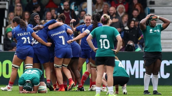 France's centre Marine Menager celebrates winning the Women’s Rugby World Cup quarter-final between France and Ireland at Sandy Park, Exeter, southwest England, on September 14, 2025. (Photo by Adrian Dennis / AFP)