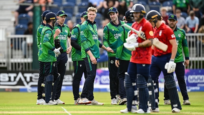 Bowler Harry Tector, centre, and Ireland team-mates during match one of the T20 internationals against England