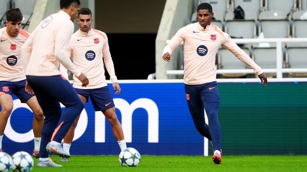 Barcelona's Marcus Rashford (right) during a training session at St James' Park, Newcastle