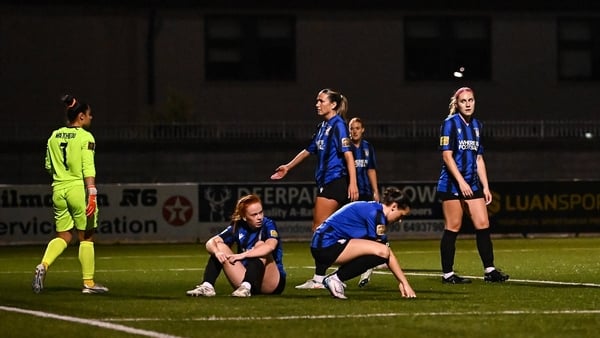 17 September 2025; Athlone Town players react after Nicole Kozlova of Glasgow City, not pictured, scored her side's second goal during the UEFA Women's Europa Cup first qualifying round second leg match between Athlone Town and Glasgow City at Athlone Tow