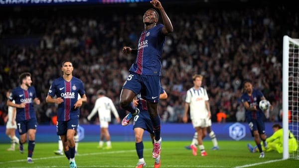 PARIS, FRANCE - SEPTEMBER 17: Nuno Mendes of Paris Saint-Germain celebrates scoring his team's third goal during the UEFA Champions League 2025/26 League Phase MD1 match between Paris Saint-Germain and Atalanta BC at Parc des Princes on September 17, 2025