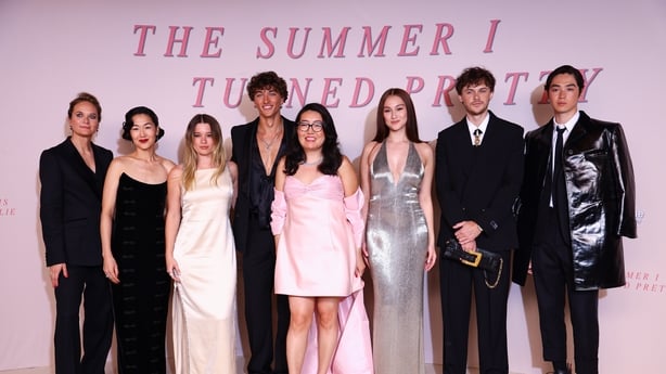 (L-R) Rachel Blanchard, Jackie Chung, Rain Spencer, Gavin Casalegno, Jenny Han, Lola Tung, Christopher Briney, and Sean Kaufman attend The Summer I Turned Pretty series finale photocall on 17 September, 2025 in Paris
