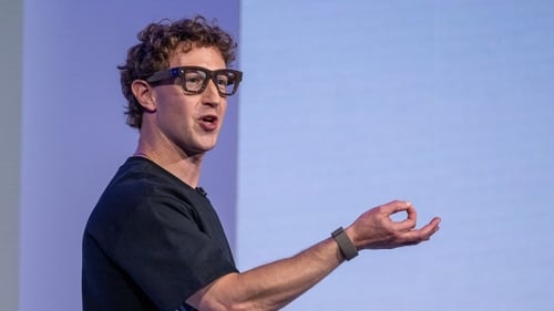 Mark Zuckerberg, CEO of Meta Platforms, wears a pair of Meta Ray-Ban Display AI glasses at Meta's Connect event