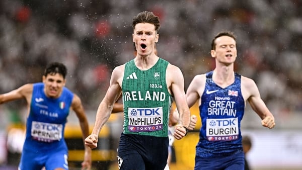 18 September 2025; Cian McPhillips of Ireland celebrates after winning, with a national record of 1:43.18, in the Men's 800m heats during day six of the World Athletics Championships Tokyo 2025 at Japan National Stadium in Tokyo, Japan. Photo by Sam Barne