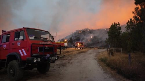 Firefighters working to extinguish a wildfire that had been burning for over a week in Vila Real, Portugal last month