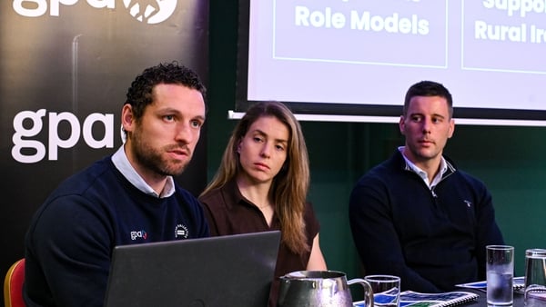 18 September 2025; GPA CEO Tom Parsons with GPA's national executive committee co-chair Aisling Maher and Limerick hurler Dan Morrissey, right, at The Alex Hotel in Dublin for a media briefing as the GPA published details of its pre-budget submission wher