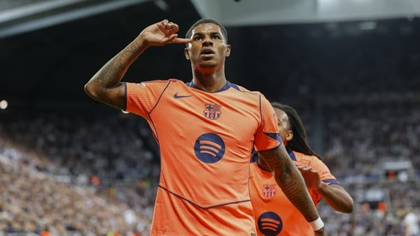 NEWCASTLE UPON TYNE, ENGLAND - SEPTEMBER 18: Marcus Rashford of FC Barcelona celebrates a goal during the UEFA Champions League 2025/26 League Phase MD1 match between Newcastle United FC and FC Barcelona at St James' Park on September 18, 2025 in Newcastl