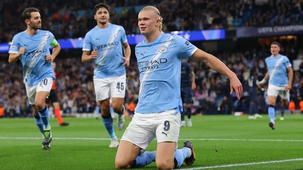 MANCHESTER, ENGLAND - SEPTEMBER 18: Erling Braut Haaland of Manchester City celebrates after scoring their side's first goal during the UEFA Champions League 2025/26 League Phase MD1 match between Manchester City and SSC Napoli at City of Manchester Stadi