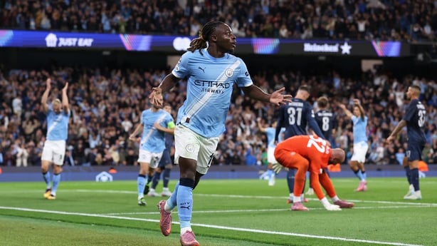 MANCHESTER, UNITED KINGDOM - SEPTEMBER 18: Jeremy Doku of Manchester City celebrates after scoring their second goal during the UEFA Champions League match between Manchester City and SSC Napoli at Etihad Stadium on September 18, 2025 in Manchester, United Kingdom. (Photo by Alex Livesey/Anadolu via