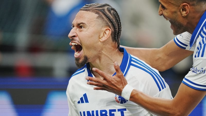 Jordan Larsson, son of Henrik, celebrates his goal for Copenhagen