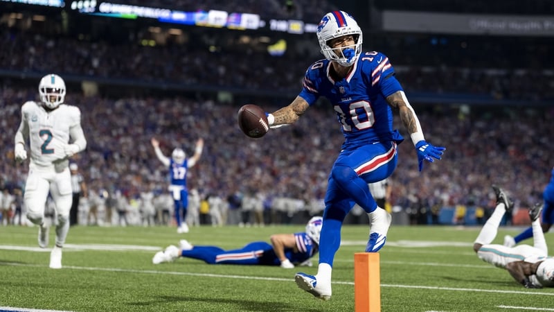 Buffalo's Khalil Shakir leaps into the end zone