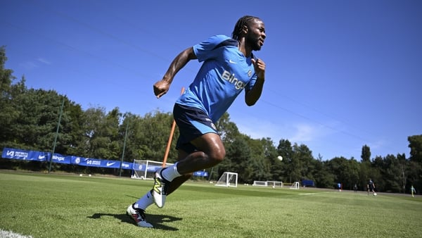 Raheem Sterling of Chelsea during a session at Chelsea Training Ground on August 13, 2024 in Cobham, England.